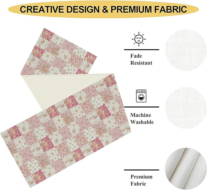 Patchwork Table Runner, Boho Vintage Pink Wildflowers Bohemian Paisley Flower Farmhouse Table Center Decor for Home Kitchen Dining Patio Holiday Party Indoor Outdoor Table Decorations, 13"x72" Inch