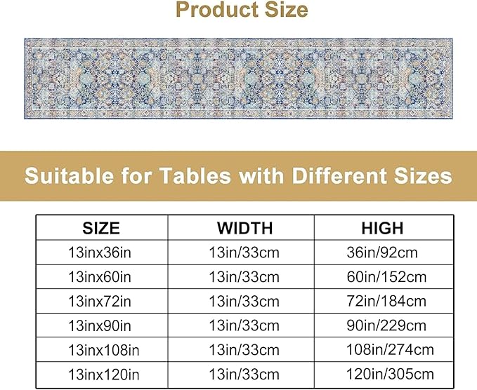 Vintage Boho Floral Table Runner, Rustic Country Farmhouse Blue Yellow Retro Flower Pattern for Home Kitchen Table Decor Dining Coffee Room Party Decor 13x60in