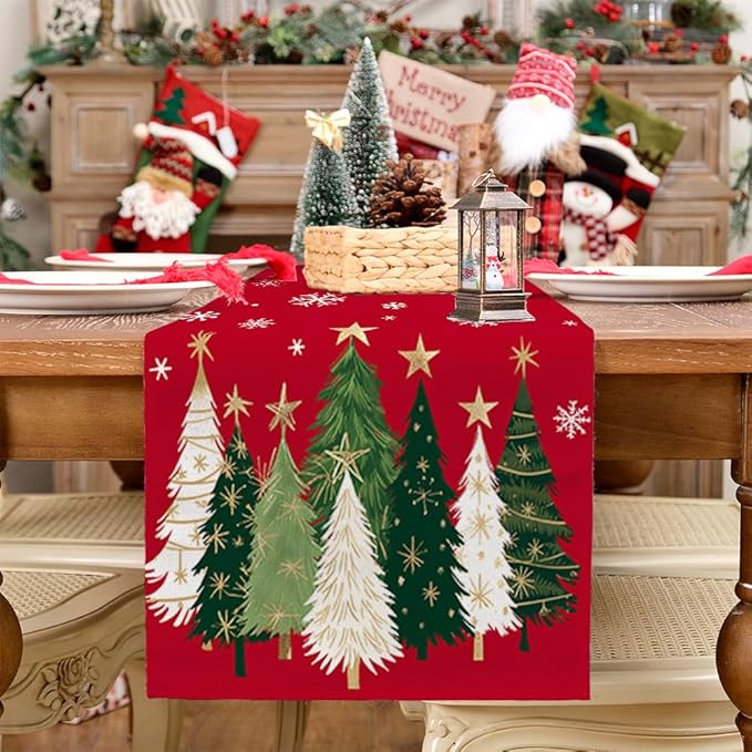 GEEORY Christmas Table Runner 13x90 Inch, Xmas Trees Snowflakes Holiday Decorative Farmhouse Table Decoration for Kitchen Dinning, Indoor Outdoor Dinner Party Decor (Red) GT150-90