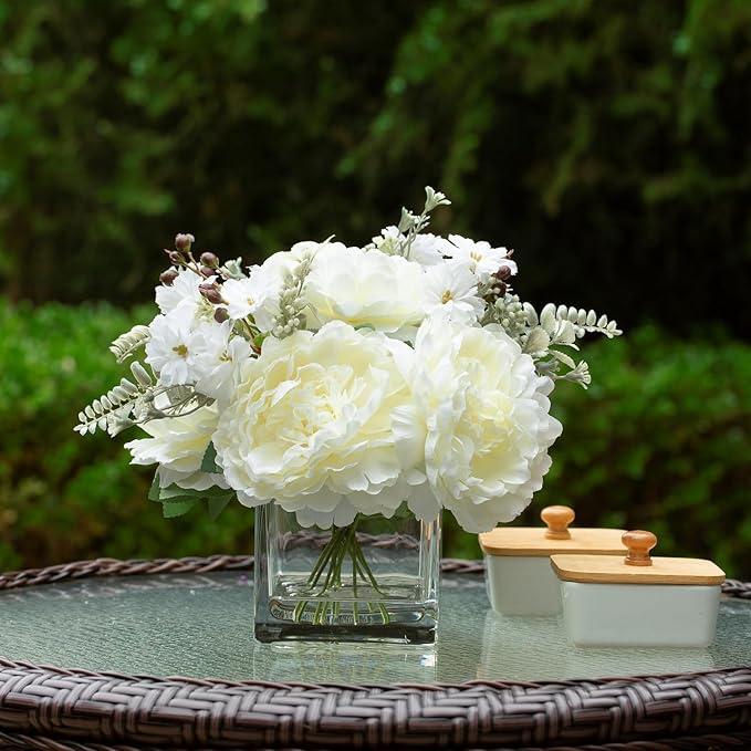 ENOVA FLORAL Artificial Flower Arrangement with Vase,Mixed Artificial Silk Peony Flower in Vase for Decoration Home Office, Wedding Centerpiece (Cream)