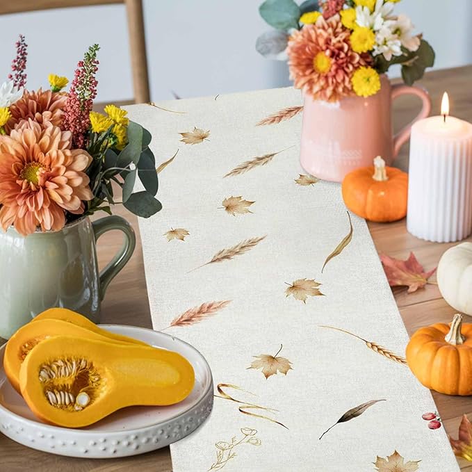 Fall Thanksgiving Cotton Linen Table Runner for Dining Kitchen, Orange Pumpkins Outdoor Party Autumn Tablerunners Decoration, Rustic Wheat Leaves Dresser Scarf Coffee Tablecloth Runners 13x60 Inches
