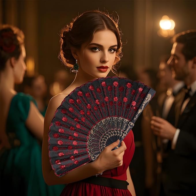 QIRMIZI 10 Pack Fabric Folding Handheld Fans, Perfect for Weddings, Parties, and Dancing,Red