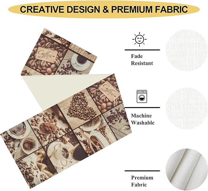 Coffee Theme Table Runner, Rustic Farmhouse Coffee Cup Latte Cappuccino Tea Party Cafe Table Center Decor for Home Kitchen Dining Patio Holiday Party Indoor Outdoor Table Decorations, 13"x108" Inch