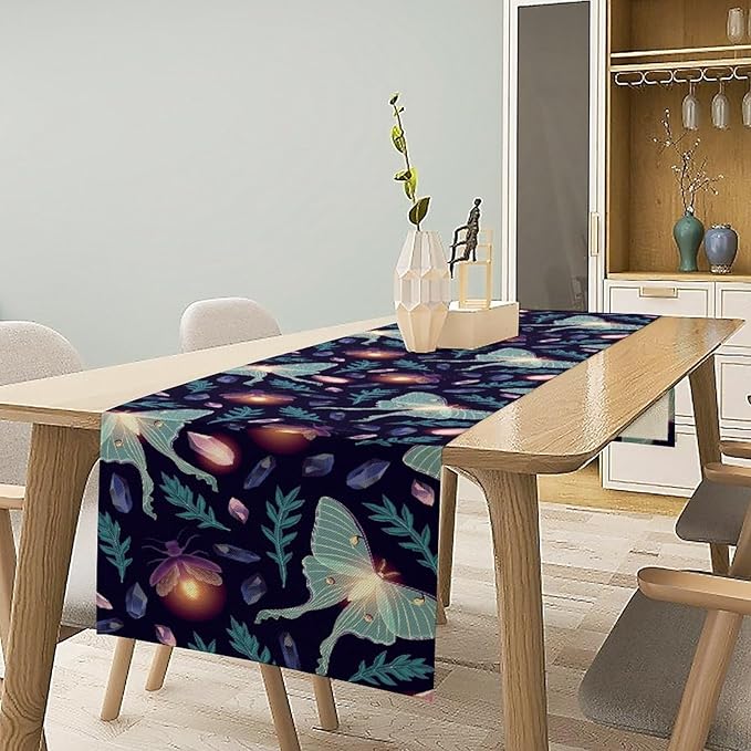Moth Table Runner, Retro Boho Aesthetic Blue Moth Magic Table Runner for Home Kitchen Dining Party Indoor Outdoor Decoration 13x108 Inch