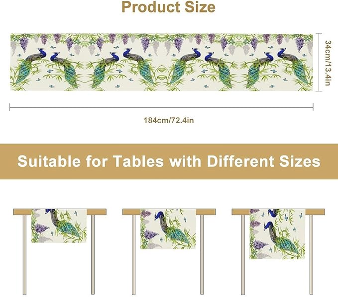 Peacock Table Runner,Spring Plant Butterfly Print Seasonal Table Runner for Home Kitchen Dining Party Indoor Outdoor Decoration 13x120 Inch