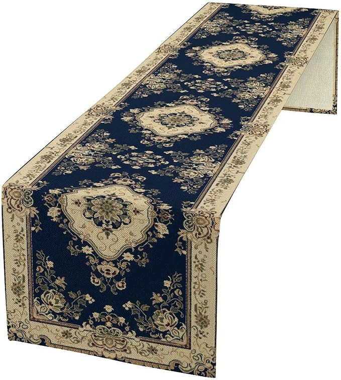 Vintage Elegant Farmhouse Table Runner Blue Beige Flower for Home Farmhouse Kitchen Table Dining Coffee Room Garden Party Wedding Decor 13x108in