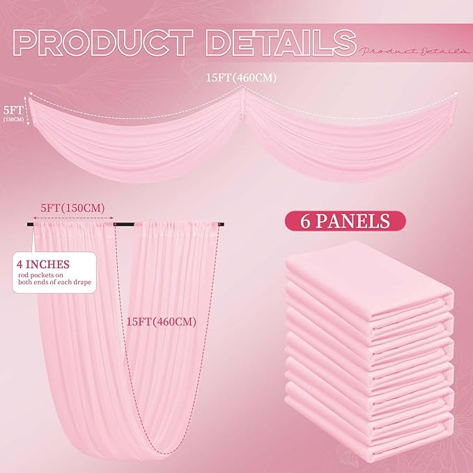 6 Panels Pink Ceiling Drapes for Wedding 5ftx15ft Ceiling Drapes Wedding Arch Draping Fabric Cheesecloth Sheer Curtain Romantic Ceiling Decorations for Weddings Party Banquet Ceremony Stage