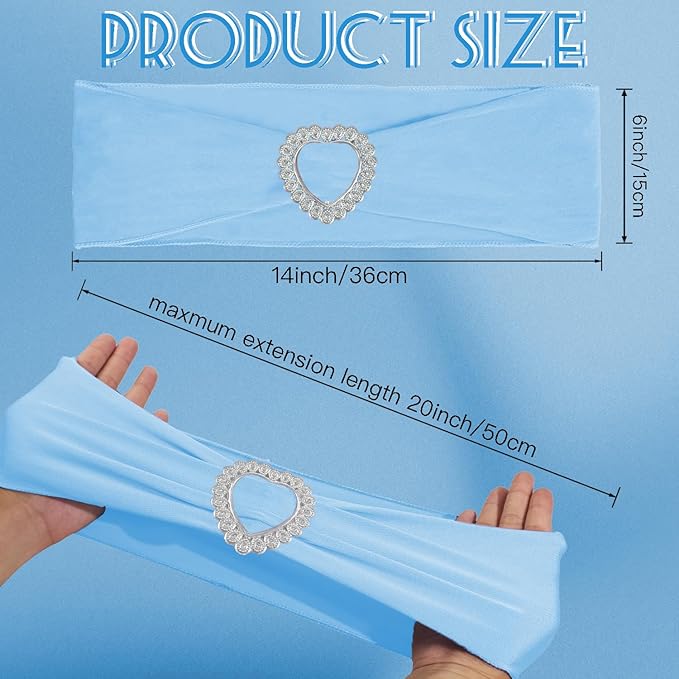 100 Pack Spandex Stretch Blue Chair Sashes Bows Universal Elastic Light Blue Chair Cover Bands Ties with Buckle Slider for Wedding Party Banquet Ceremony Reception Event Decorations