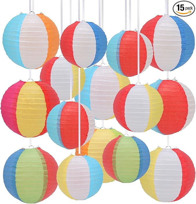 15Pcs Beach Ball Hanging Paper Lanterns Colored Summer Party Decorations for Pool Backyard Outdoor Classroom