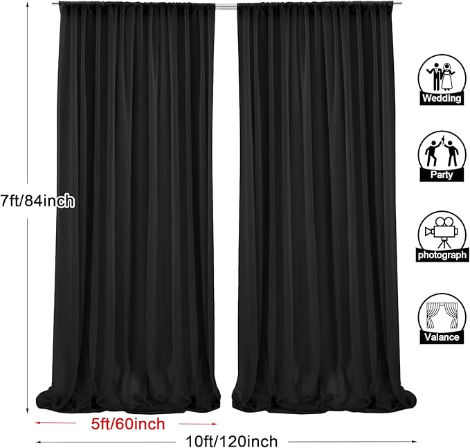PARTISKY 10ftx7ft Black Chiffon Backdrop Curtains, Wrinkle-Free Sheer Fabric Photo Drapes for Wedding Ceremony Arch Birthday Baby Shower Photography Stage Decor 5ft x 7ft, 2 Panel