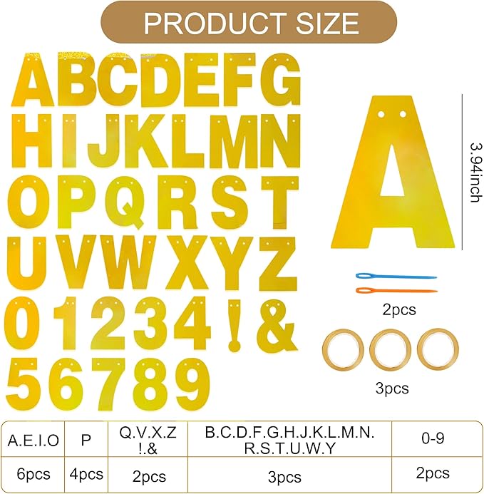 BEISHIDA Double-Sided Gold 116 PCS DIY Letter Banner Kit Make Your Own Banner,Including 111 Letters and Numbers 3 Rope and 9 Threading Device,Customized for Birthday Graduation Wedding Decor