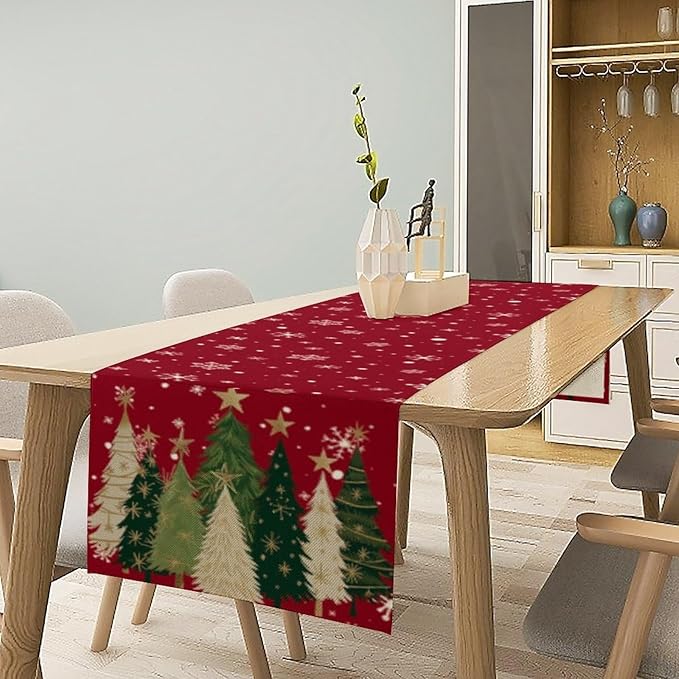 Merry Christmas Table Runner,Red Christmas Tree Snowflake Winter Seasonal Table Cloth Kitchen Dining Table Decoration for Home Party Decor 13x36 Inch