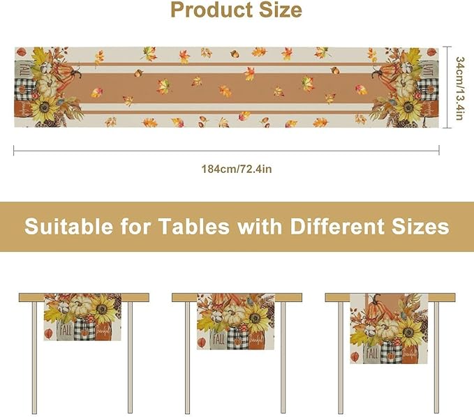 Autumn Table Runner,Thanksgiving Fall Pumpkin Leaves Floral Table Cloth for Kitchen Dining Table Decoration Home Party Decor 13x120 Inch