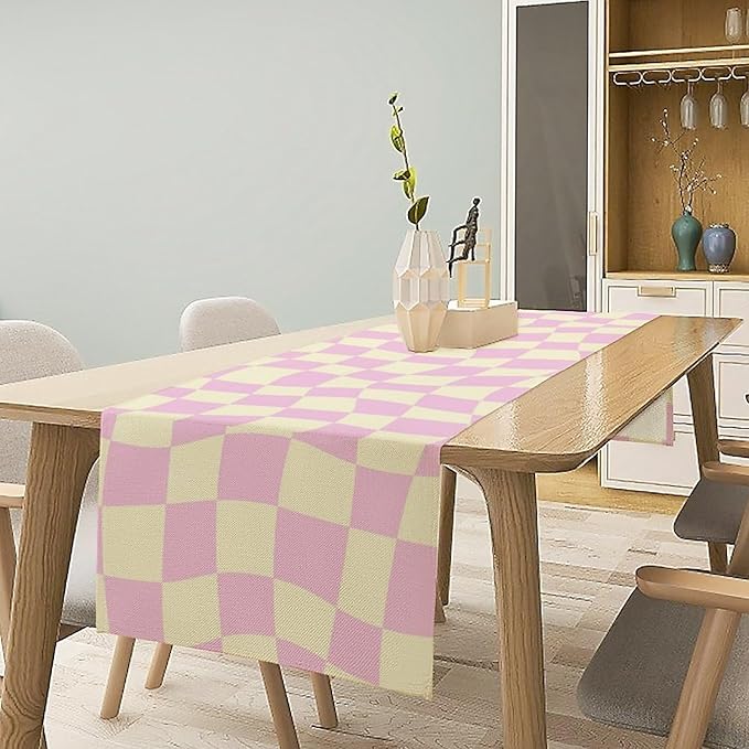 Hippie Table Runner Retro Geometric Square Purple Grid 60s70s Style Kitchen Restaurant Decoration for Indoor and Outdoor Wedding Party Table Runner 13x36 Inch