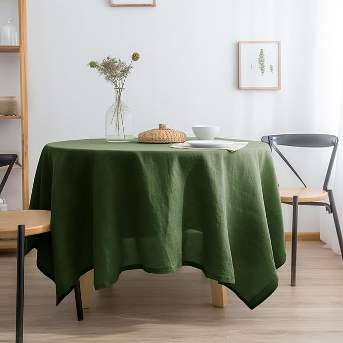 EVERLY 100% Pure Linen Round Tablecloths 120Inch Round Machine Washable Tablecloth for Thanksgiving,Decorative Halloween,Buffet Parties,Picnic,Events,Weddings and Restaurants-Olive Green