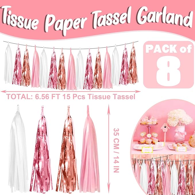 8P Pink White Peach Rose Gold Tassels Foil Fringe Metallic Garland Banner, Tassels Banner Streamers for Parade Floats, Wedding, Birthday, Christmas, Bridal/Baby Shower Graduation Party Decorations