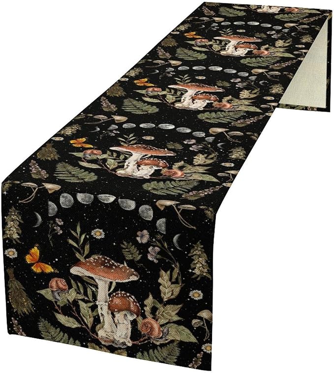 Mushroom Kitchen Table Runner, Boho Vintage Wild Flower Gothic Witchy Moonlit Forest Plant Table Runner for Bedroom Living Room Kitchen Dinner Table, 13x70 Inch