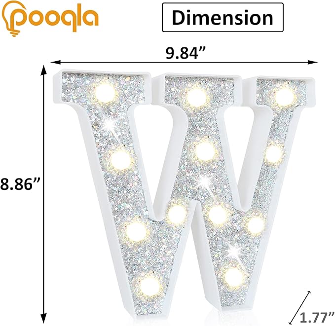 Pooqla Light Up Letters, LED Marquee Letters for Silver Birthday Decorations, Battery Powered Night Light Teenager Girl Room Decor, Gift for Girls Boys Wedding Bedroom Christmas Party Decor, Letter W