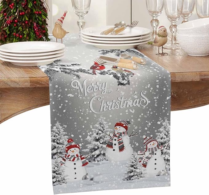 Christmas Snowman Cotton Linen Table Runner for Dining Kitchen, Snowflakes Xmas Pine Tree Wedding Outdoor Party Tablerunner Decoration Winter Bird Dresser Scarf Coffee Tablecloth Runners 13x108 Inches
