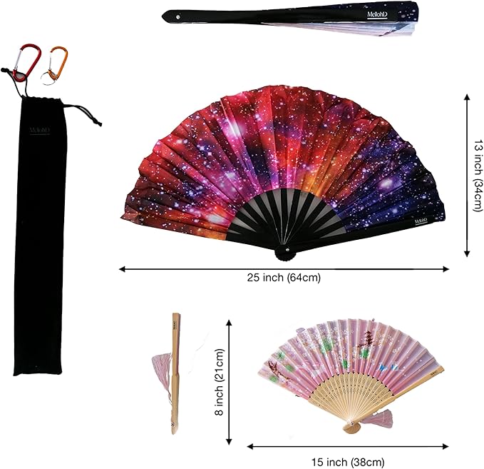 Rave Fan - Large Folding Fans (2 Pack) - Galaxy Rave Accessories for Festivals, EDM, Burlesque, Drag Queen, Raver Gifts