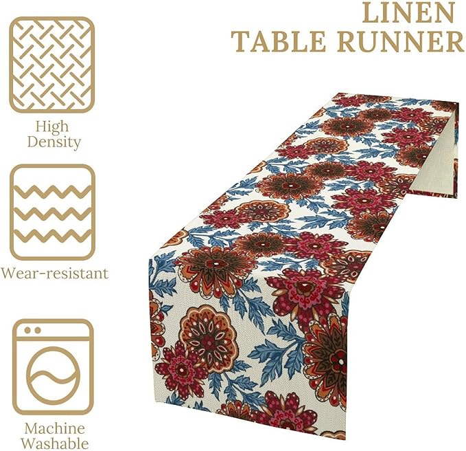 Mandala Flower Table Runner, Vintage Oriental Exotic Native Red Floral Blue Branch Leaves Botanical Print Table Runner for Farmhouse Kitchen Dining Table Decor, 13x108inch