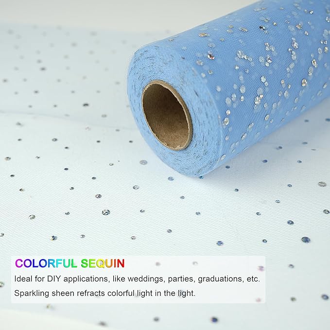 Glitter Tulle Rolls, 6” by 50 Yards (150FT) Sequin Tule Netting Fabric Tulle for Tutu Skirts Sewing Birthday Wedding Party Decoration (Light Blue)