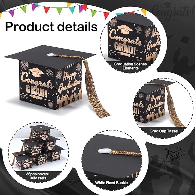 COTOPHER 36 Pack Mini Graduation Cap Gift Boxes with Tassel, Class of 2025 Graduation Candy Boxes Centerpieces for Tables Party Decorations, Small Treat Chocolate Box Graduate Favors Supplies