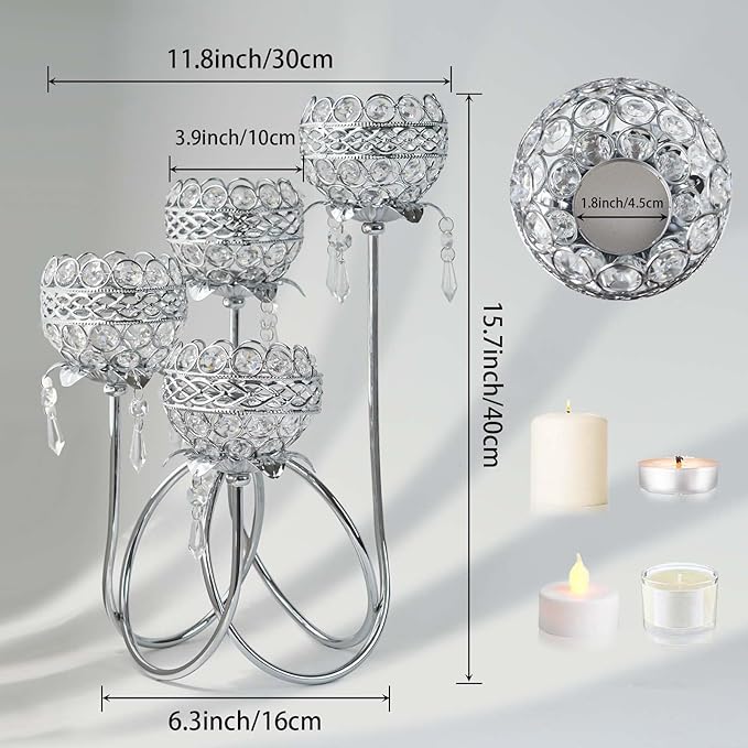 4 Arms Crystal Candelabra Tealight Holder - Tall 15.7 Inch Elegant Centerpiece with Crystal Pendant Bowls & Artistic Metal Stand for Wedding, Dining Table, Home Decor (4, Silver)