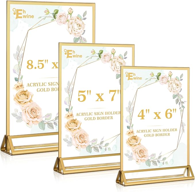 EHWINE 12 Pack Acrylic Sign Holder 8.5 x 11, Double Sided Gold Picture Frame Stand up Table Top Sign Holders, Clear Display Stand Menu Flyer Holder for Wedding Party (Provide Non-slip Mats)