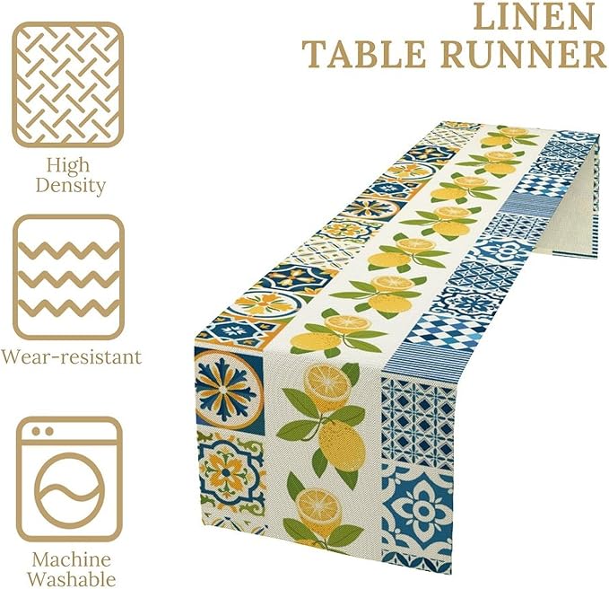 Lemon Table Runner,Watercolor Blue Fruits Green Leaves Print Table Cloth Kitchen Dining Table Home Party Decoration 13x120 Inch