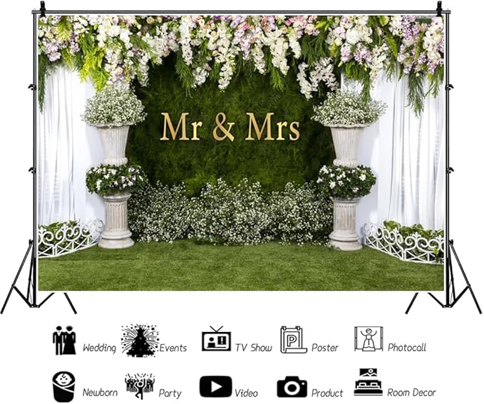 Wedding Arch Flower Backdrop - 10x6.5ft Mr & Mrs Engagement & Anniversary Photography & Bridal Shower Background