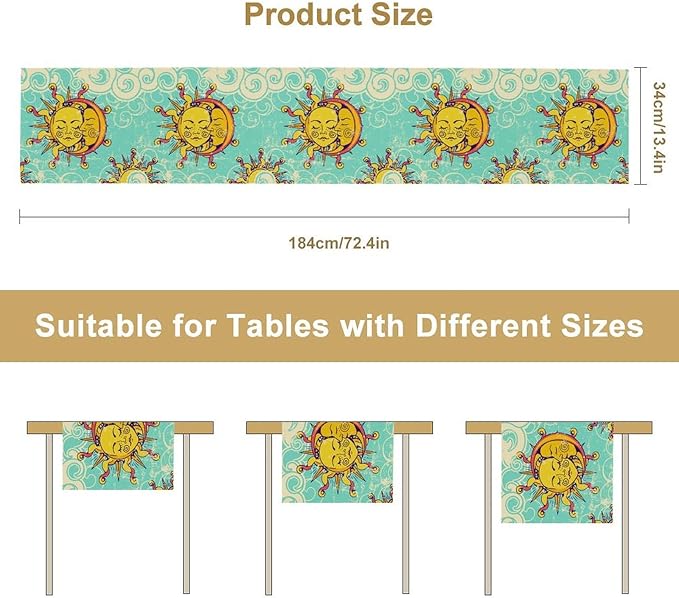 Retro Sun Moon Table Runner, Phase of The Moon Vintage Cloud Table Runner for Kitchen Dinner Living Room Table Runner Yellow Floral, 13x120 Inch Yellow Blue