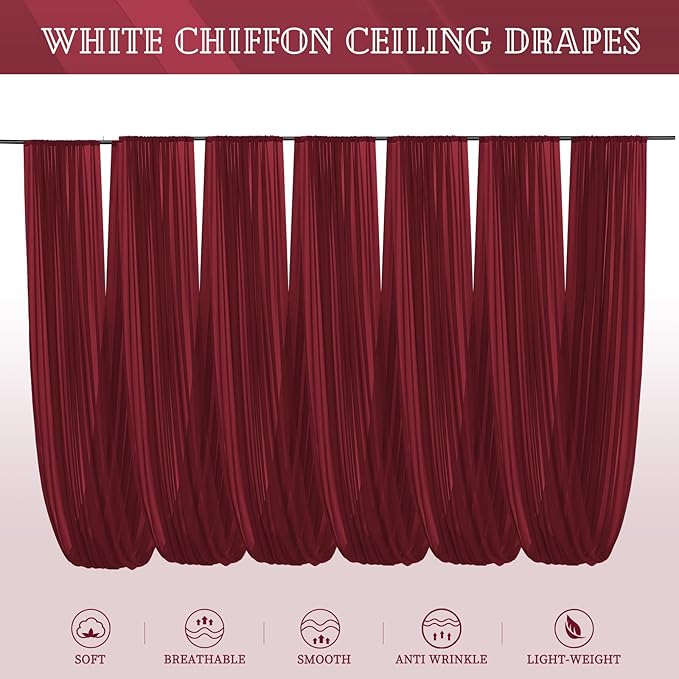 6 Panels Burgundy Ceiling Drapes for Wedding 5ftx20ft Chiffon Fabric Arch Draping Curtains Sheer Drapery for Party Ceremony Birthday Baby Shower Reception Stage Swag Ceiling Decorations