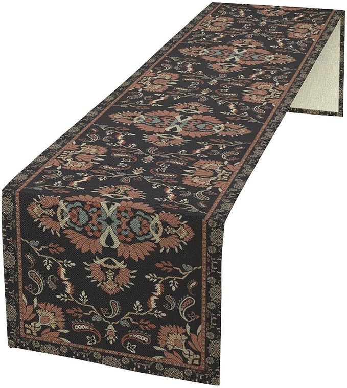 Boho Paisley Farmhouse Table Runner, Vintage Red Blue Retro Flower Rustic Country Style Floral Print Pattern for Home Kitchen Table Decor Dining Coffee Room Garden Party Decor 13x108in