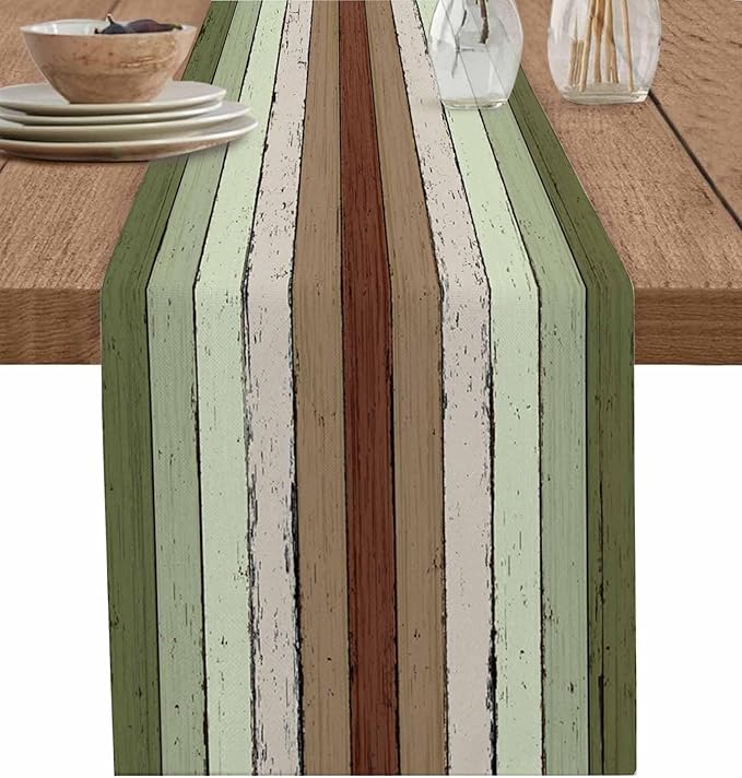 Sage Green Wooden Cotton Linen Table Runner for Dining Kitchen, Wedding Outdoor Party Tablerunners Decoration, Vintage Country Retro Distressed Grain Dresser Scarf Coffee Tablecloth Runners 13''x36''