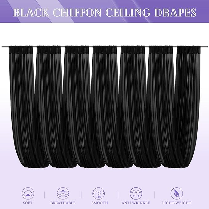 6 Panels Black Ceiling Drapes for Wedding 5ftx10ft Chiffon Fabric Arch Draping Curtains Sheer Drapery for Party Ceremony Birthday Baby Shower Reception Stage Swag Ceiling Decorations