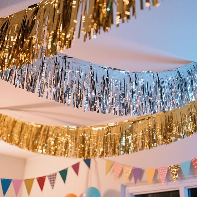 6 Pack Black Total 60 Feet Foil Fringe Garland Metallic Tinsel Banner Wall Hanging Drapes Parade Float Skirting Decorations for Trailer Mardi Gras Party Birthday Wedding (Black)