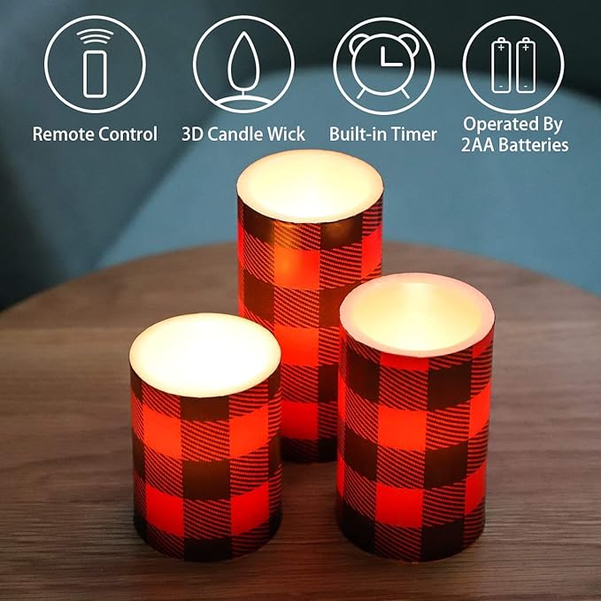 Silverstro Christmas Red Flameless Candles: Farmhouse Theme Flickering Real Wax Buffalo Check Decorative Candles with Remote - Home Party Bathroom Room Christmas Decorations - Set of 3