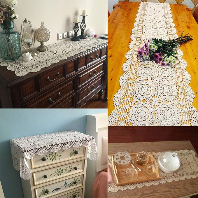 KEPSWET Cotton Handmade Crochet Lace Table Runner Beige Rectangle Coffee Table Dresser Decor (14x96 inch)