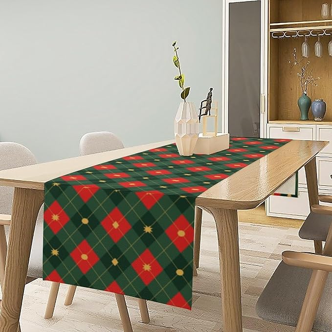 Christmas Table Runner,Green Red Xmas Plaid Table Cloth Kitchen Dining Table Decoration for Home Party Decor 13x120 Inch