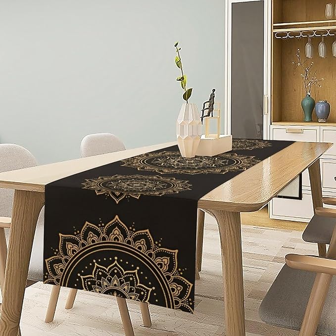 Golden Mandala Table Runner, Traditional Indian Gold Black Flower Vintage Luxury Bohemian Mandala Table Runner for Home Kitchen Dinning Table Indoor Outdoor Holiday, 13x120inch