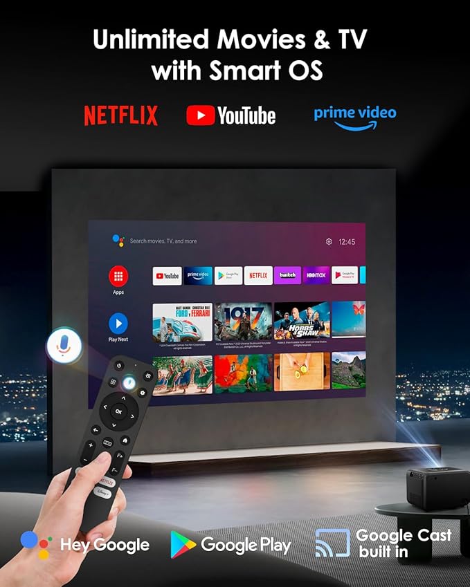 Smart 4K Projector for Bedroom, Indoor Outdoor Home Theater Projectors with WiFi, Bluetooth, NFC, Wireless Airplay Mirroring, Google TV, Dolby, HDMI ARC for Movie Night, Gaming, Halloween, Holiday
