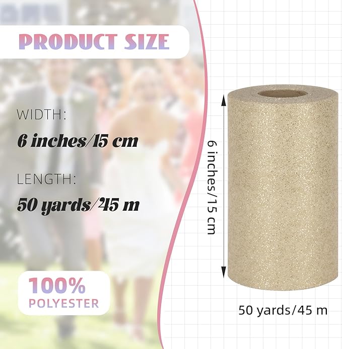 Glitter Tulle Rolls 6” by 50 Yards Sparkle Tulle Fabric Ribbon Sequin Tulle Netting Rolls for DIY Tutu Skirt Wedding Birthday Party Decoration (Ivory)
