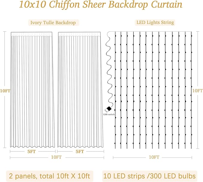 10ft x 10ft Ivory Backdrop Curtain with Lights for Baby Shower, Sheer Backdrop Curtains with Lights for Wedding, Chiffon Light Curtain Backdrops for Birthday Parties Photo Shoot (5x10ft,2 Panels)
