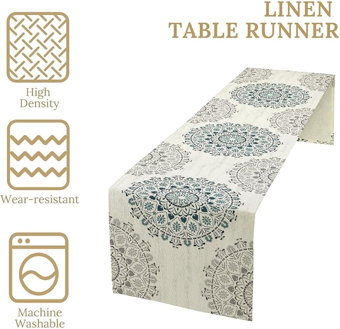 Boho Flower Table Runner, Bohemian Turquoise Mandala White Teal Floral Kitchen Dining Table Runners for Indoor Outdoor Home Party Holiday Decor, 13x120inch