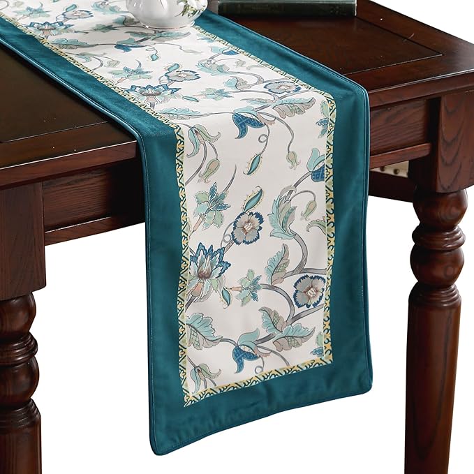patdrea Designer Elegant French Floral Velvet Table Runner, Teal with Blossoms Pattern Table Mat, Decoration for Kitchen Dining Coffee Table Shelf Cabinet Banquet Thanksgiving,12"*87"