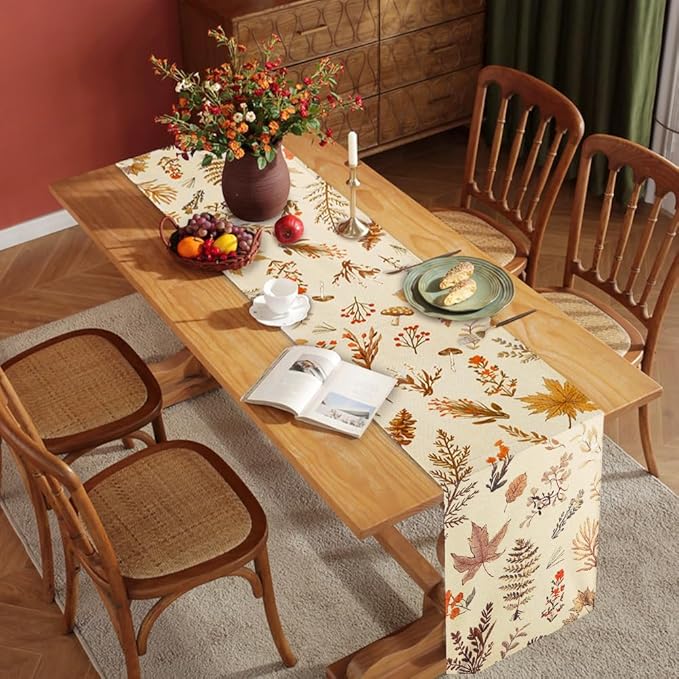 Grey Wildflower Leaves Floral Fall Table Runner, Seasonal Autumn Harvest Thanksgiving Burlap Farmhouse Indoor Outdoor Fall Kitchen Dining Decoration for Home Party 13x72 Inch