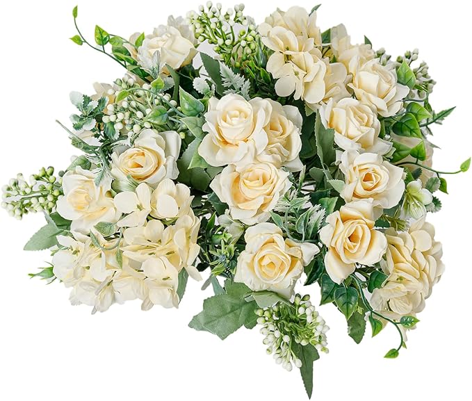 Artificial Flower 5 Branches Artificial Silk Fake Flowers Bouquet Small Roses for Wedding Home Office Tables Decor 4 Packs(Champagne)