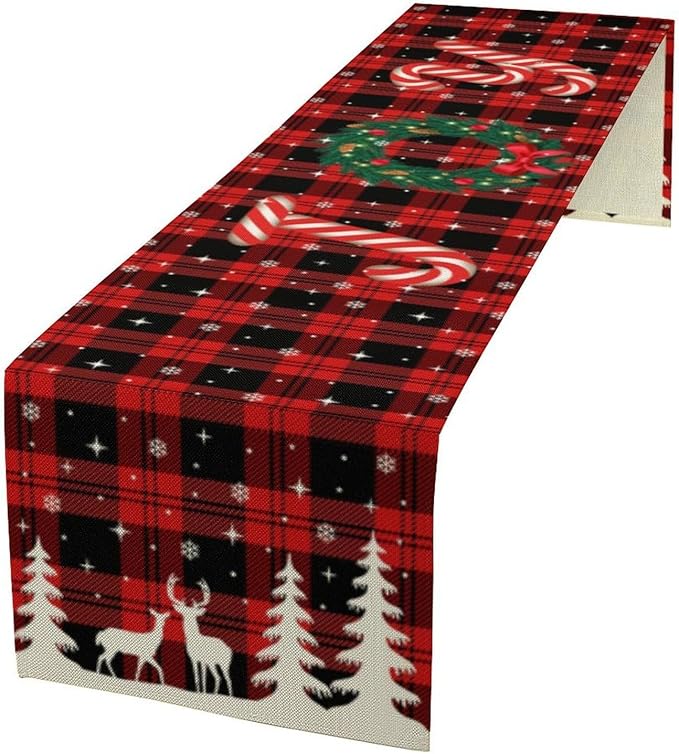 Christmas Table Runner, Red Winter Xmas Holiday Table Cloth Kitchen Dining Table Decoration for Home Party Decor 13x36 Inch
