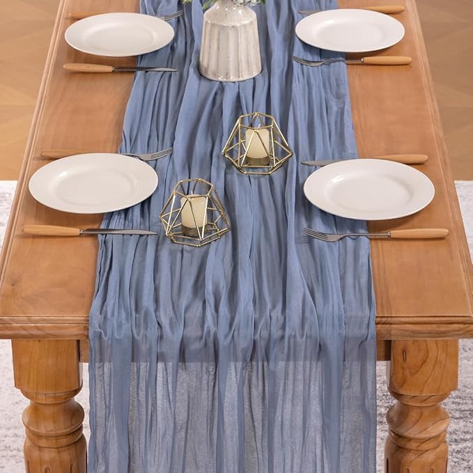 MLMW 10 Pack Dusty Blue Table Runner Cheesecloth Gender Reveal Boho Gauze Rustic Cheese Cloth Table Runner 160 inch Sheer 13.3ft for Wedding Party Baby Bridal Shower Birthday